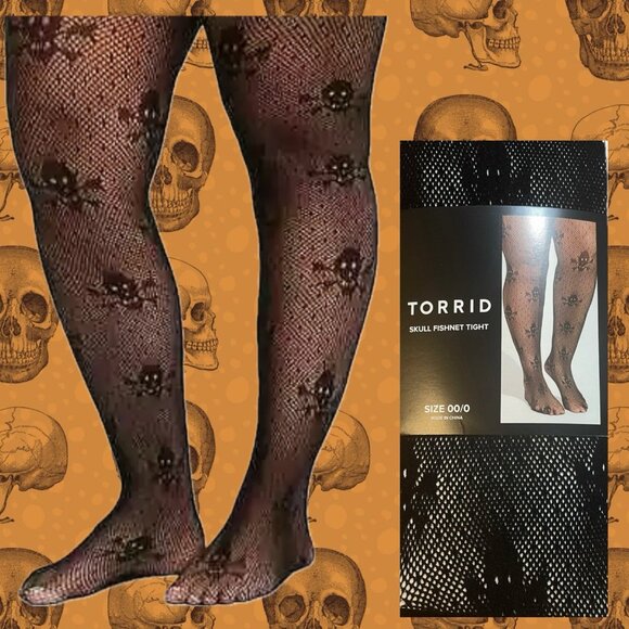 Torrid Med/Large Halloween Black Fishnet Skull Graphic Stretch Tights - Picture 1 of 4